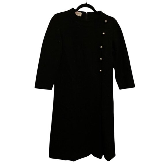 Vintage Black Wool Fitted Dress With Gold Buttons - Picture 1 of 4